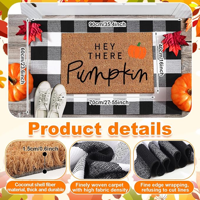 2 Pcs Fall Coir Doormat Outdoor Hey Pumpkin Welcome Outdoor Rugs for Layered Buffalo Black White Plaid Mats for Thanksgiving Autumn Fall Front Door Porch Entryway Decor