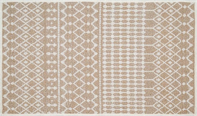 THE BEER VALLEY Moroccan Kitchen Runner Rug 27x45 Inch - Beige | Non Slip Cotton Woven Rugs for Laundry Room, Washable Boho Outdoor Area Runners