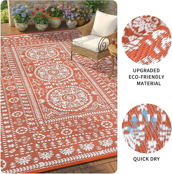 Garvee Reversible Outdoor Rug 5x8 for Patio, Waterproof Outdoor Area Rug, Boho Medallion Indoor Outdoor Carpet for Porch, Plastic Straw Rug for RV, Camping, Deck, Vintage Terracotta
