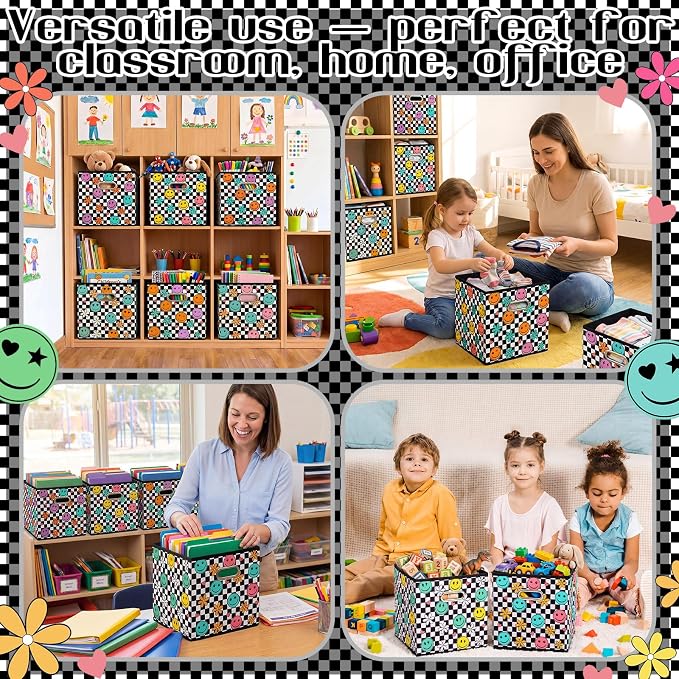 Gerrii 6 Pack 11 Inch Cube Storage Bins for Classroom Foldable Fabric Storage Cube Bins Checkered Smile Face Organizing Baskets with Grommet Handles for Back to School Organizer Shelves Decor