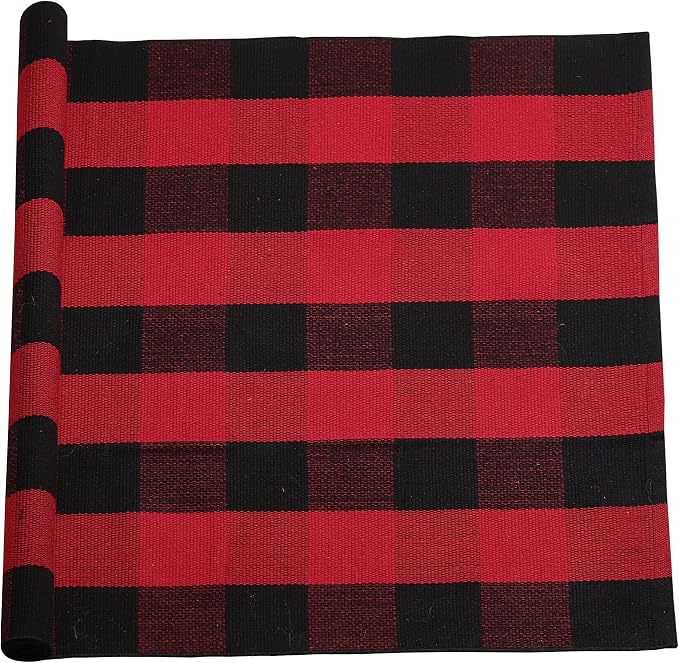 uxcell Buffalo Check Rug,Plaid Outdoor Rug,Layered Door Mat,Cotton Gingham Rugs,Floor Mat for Front Porch/Runner/Bedroom/Kitchen/Farmhouse 59"x35" Red & Black