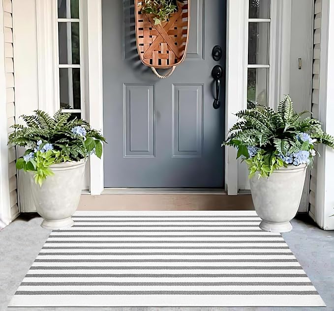 Striped Outdoor Porch Rug 27.5"x43",Farmhouse Grey and White Layered Doormat Cotton Woven Washable Entryway Rug Indoor Outdoor Front Door Mat for Porch/Entryway/Home Entrance Decor