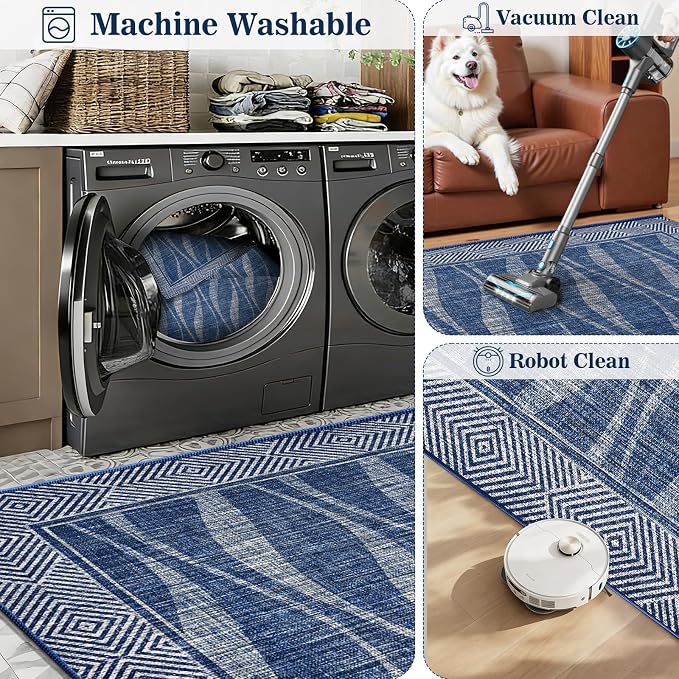 Easy Jute Rug 5x7 Outdoor Patio Rug with Border, Washable Rugs for Living Room, Farmhouse Non Slip Area Rugs with Rubber Backing Indoor Outdoor, Non Shedding Carpet for Bedroom, Courtyard, Blue