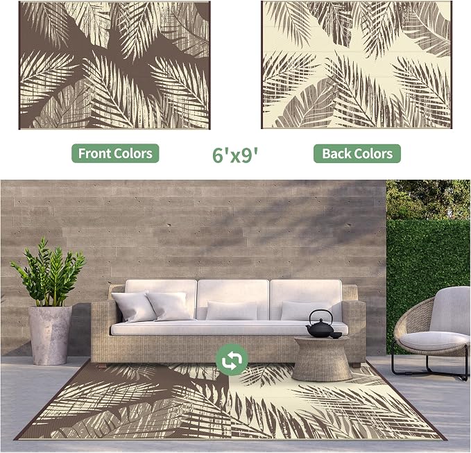 GENIMO Outdoor Rug, Waterproof Plastic Rugs for Patio, 6'x9' Cocoa Beige | Outside Larger Leaf Carpet Mat for Porch Decor, Deck, Balcony, Camping, RV, Backyard, Picnic, Beach, Reversible, Foldable