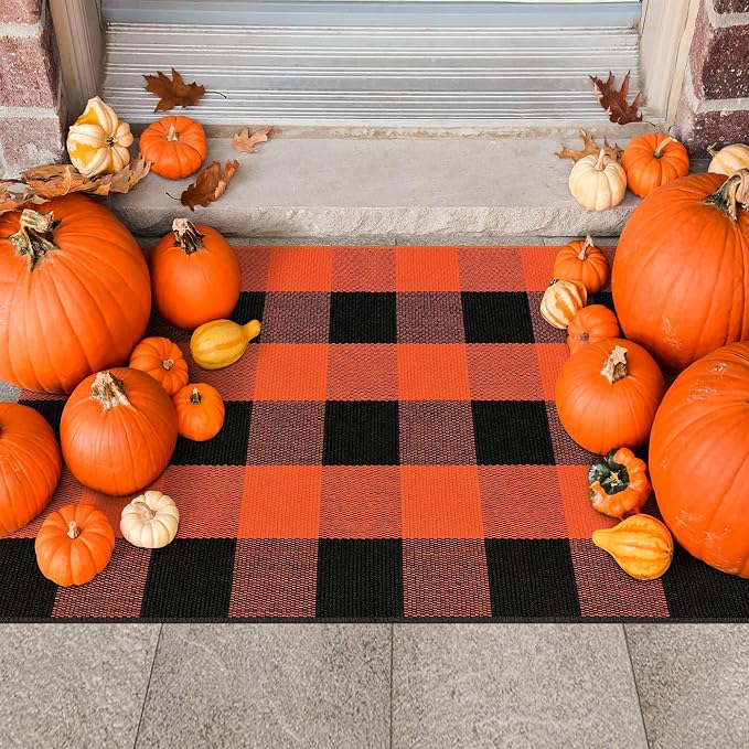 Buffalo Plaid Rug 2x3 Orange and White Outdoor Rug Checkered Cotton Woven Washable Front Porch Fall Layered Door Mats Carpet for Indoor Outdoor Entryway Farmhouse Decor