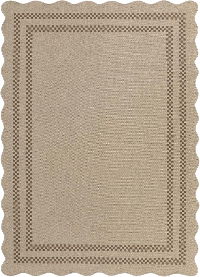 Tribesigns Scalloped Easy Jute Washable Area Rugs 5x7 for Living Room, Tan/Checkered Indoor Outdoor Patio Rugs for Bedroom, Geometric Dining Room Carpet for Backyard Office