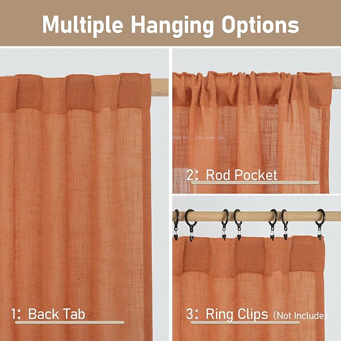 LAMIT Burnt Orange Sheer Linen Curtains, 84 inch Light Filtering Semi Sheer Panels Back Tab and Rod Pocket Farmhouse Rust Drapes for Bedroom/Living Room, 2 Panels, 52 x 84 Inch
