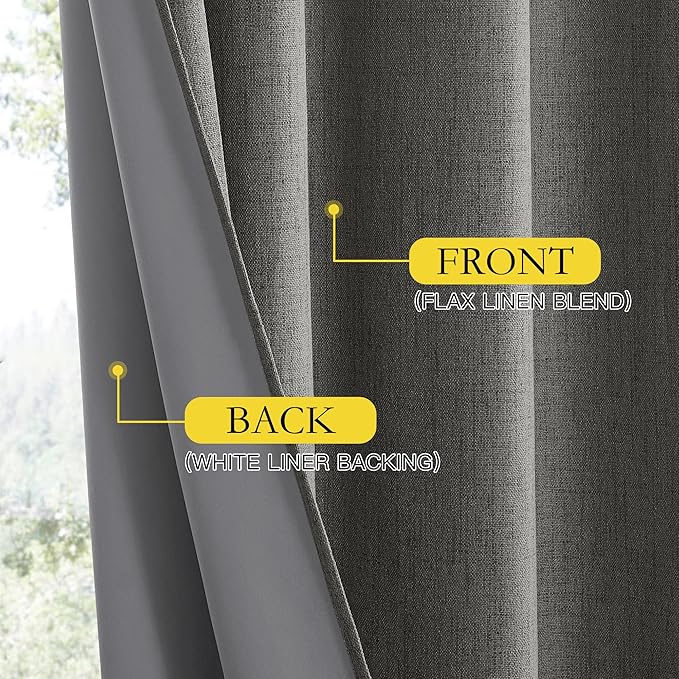 NICETOWN Grizzle Gray Vintage Linen 100% Blackout Curtains for Living Room, Thermal Insulated Curtains 84“ Long, Noise Reducing Window Treatment Drapes for Hall Room, 52" Wide Per Panel, Set of 2