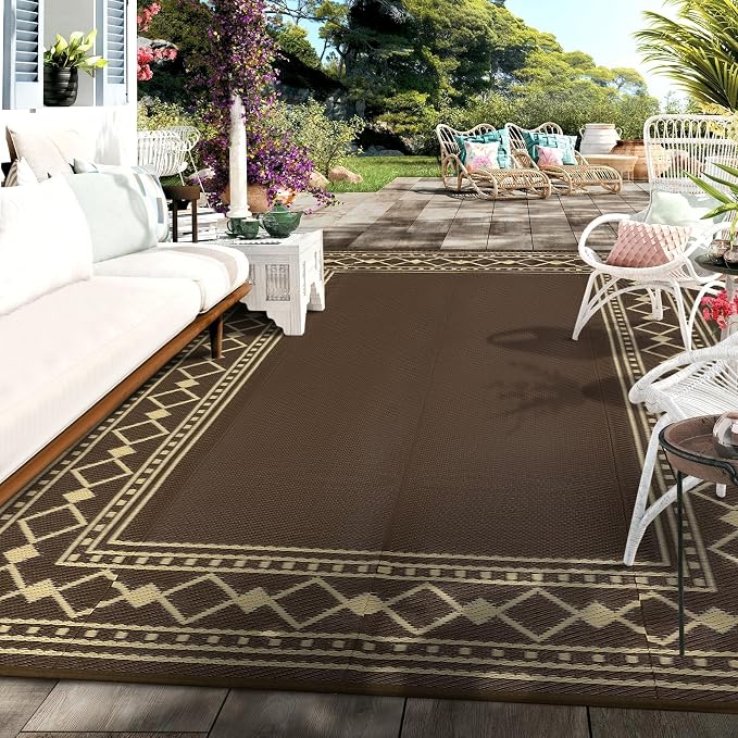 Large Outdoor Rug – Waterproof Reversible Plastic Straw Mat, Lightweight Patio Carpet, Modern Edgeed – 10x14ft, Peony Brown/Coffee – Specification