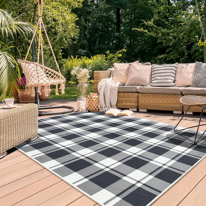 AROGAN Checkered Jute 4x6 Area Rugs, Washable Outdoor Patio Rug for Living Room Entrance Indoor Outdoor Carpet, Farmhouse Design Neutral Geometric Rugs for Front Porch Mat Dining Room