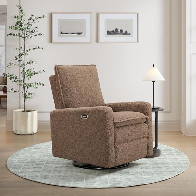 Oxford Baby Uptown Power Glider Recliner Rocking Chair 270° Swivel for Nursery and Living Room, Teddy Brown, Green Guard Gold Certified