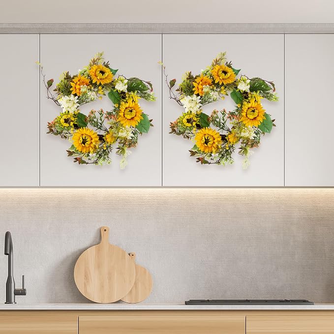 Sunflower Wreaths - Set of Two 22-Inch Artificial Spring, Summer, or Fall Wreaths for Home Decor - Wreaths for Indoors or Covered Patio by Pure Garden