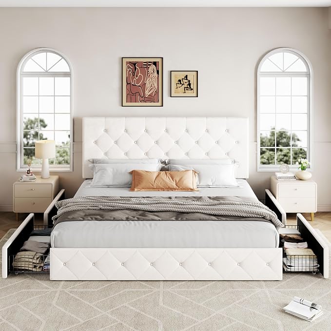Allewie Upholstered King Size Platform Bed Frame with 4 Storage Drawers and Adjustable Headboard, Diamond Button Tufted, Wooden Slats Support, Noise-Free, No Box Spring Needed, Easy Assembly, White