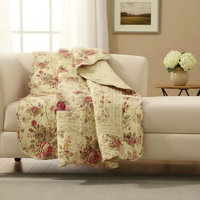 Greenland Home Fashions Antique Rose - Classic Traditional Floral - 100% Cotton Quilted Throw Blanket, 50 x 60 inches, Ecru