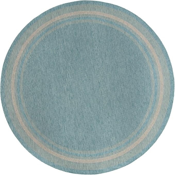 Unique Loom Outdoor Border Collection Area Rug - Soft Border (13' Round, Aquamarine/ Ivory)