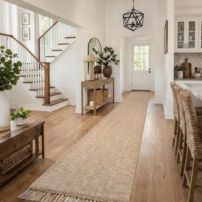 Collive Boho 18 ft Long Runner Rug for Hallway, Washable Kitchen Runner Rug, Cotton Hand-Woven Farmhouse Entry Hall Carpet, Tan Braided Reversible Carpets for Bedside