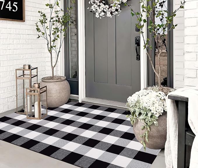 Black and White Outdoor Rug 3'x5'Buffalo Plaid Checkered Front Porch Rug Machine Washable Farmhouse Front Door Mat Outdoor for Front Hello Welcome Mat,Bedroom,Entryway,Patio