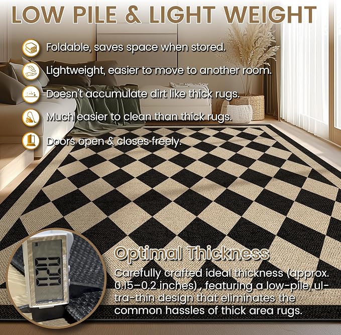 Washable Checkered Easy Jute Rug 3x5, Black Checkerboard Boho Geometric Outdoor Indoor Patio Small Rugs, Woven Non Slip Thin Neutral Carpet Door Mat for Bedroom Entryway Front Door Farmhouse