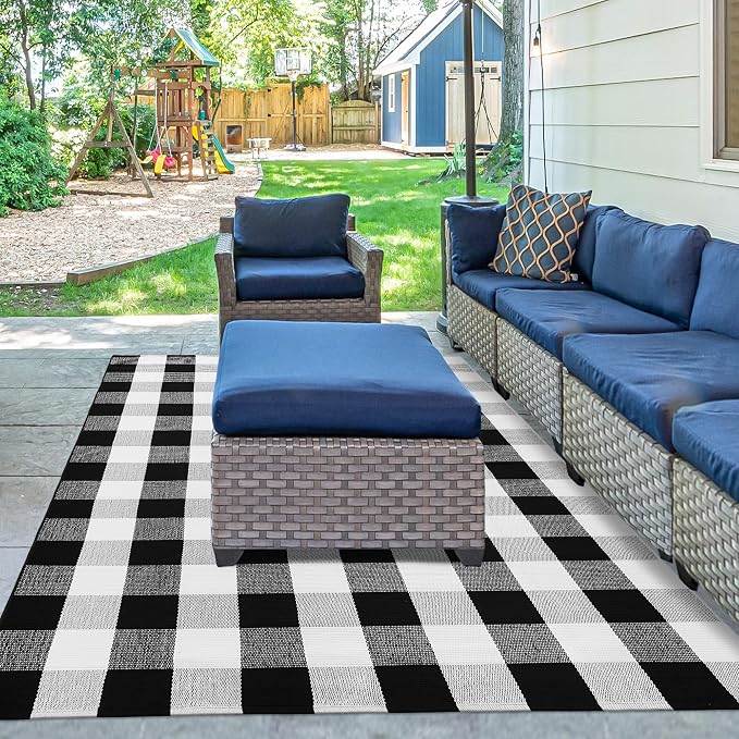 Buffalo Plaid Rug 4x6 Black and White Outdoor Rug Checkered Cotton Woven Washable Front Porch Layered Door Mats Carpet for Living Room Bedroom Farmhouse Patio Decor