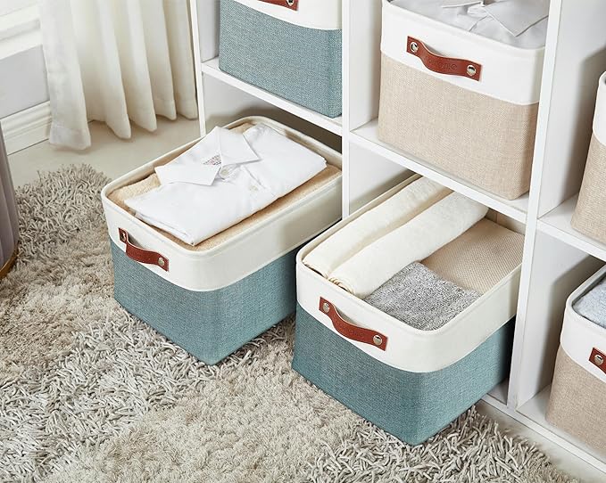 DECOMOMO Storage Bins, Large Fabric Storage Baskets for Shelves 3 Pack | 15 x 11 x 9.5 inches Decorative Linen Closet Organizers (Green & White)