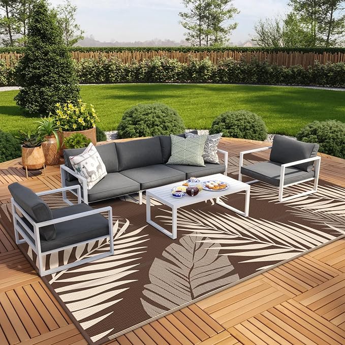 GENIMO Outdoor Rug, Waterproof Plastic Rugs 10'x14' for Camping Coffee | Outside Larger Leaf Carpet Mat for Porch Decor, Deck, Camping, RV, Backyard, Balcony, Picnic, Beach, Reversible, Foldable