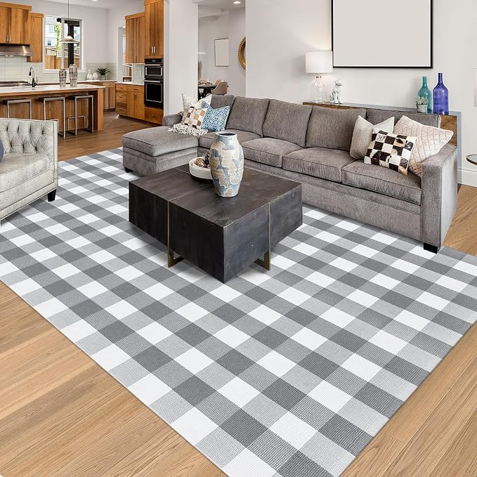 Buffalo Plaid Rug 6x9 Feet Buffalo Check Cotton Grey and White Checkered Rug Woven Washable Indoor Outdoor Area Rug Home Decor Carpet for Living Room Farmhouse Dining Bedroom Patio
