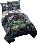 Monster Jam Trucks Full Size Size Comforter Set 7 Piece Kids Bedding, Multi | Grave Digger Megalodon, Bed in a Bag, Comforter Sheets Shams Pillowcases, Soft Microfiber, Machine Washable, Boys Gift