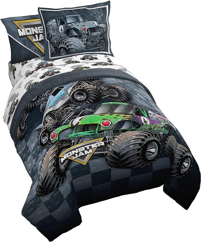 Monster Jam Trucks Full Size Size Comforter Set 7 Piece Kids Bedding, Multi | Grave Digger Megalodon, Bed in a Bag, Comforter Sheets Shams Pillowcases, Soft Microfiber, Machine Washable, Boys Gift
