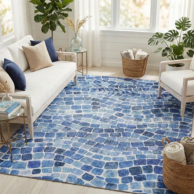 ReaLife Rugs Machine Washable Indoor Outdoor - Mat Rug Foldable Printed Thin Lightweight Cushioned Fade Resistant Patio Deck Dock Porch Pool Balcony Camping - Emery- Blue 5' x 7'