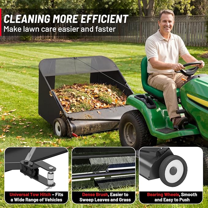 Suchtale 42 Inch Tow Behind Lawn Sweeper with 20 Cu Ft Hopper | 42 Inch Sweeping Path, 20 Cu Ft Hopper, Adjustable Brush Height, Dumping Rope, Steel Frame, Lawn Mower Attachment, Cleanup