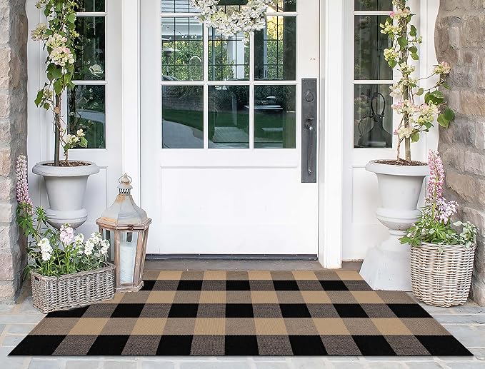 Front Porch Rug 2'X4.3' Tan and Black Spring Outdoor Porch Rug Cotton Woven Washable Door Mats Outdoor for Welcome Hello Layered/Entrance/Bedroom/Living Room