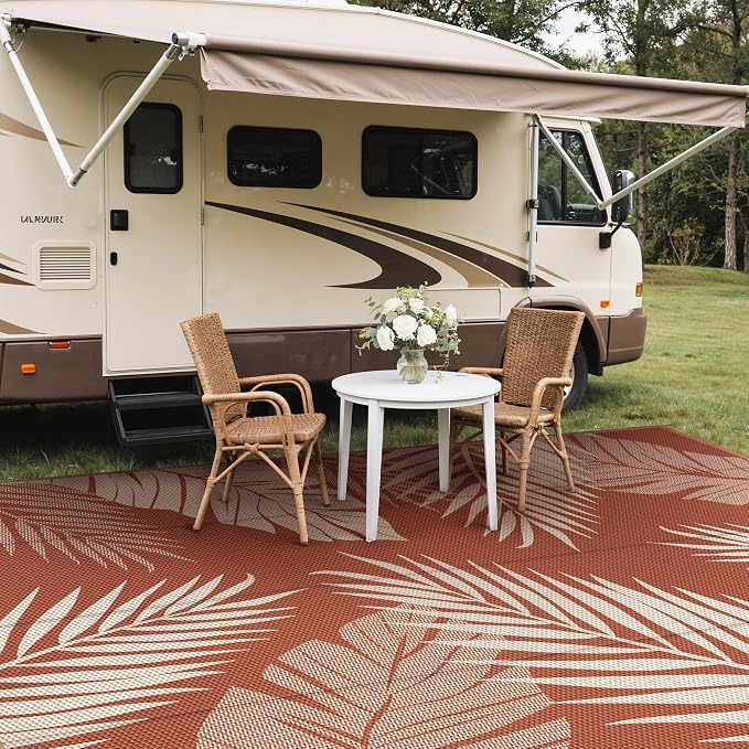 GENIMO Outdoor Rug, Waterproof Plastic Rugs 10'x14' for Camping Brick Red | Outside Larger Leaf Carpet Mat for Porch Decor, Deck, Camping, RV, Backyard, Balcony, Picnic, Beach, Reversible, Foldable