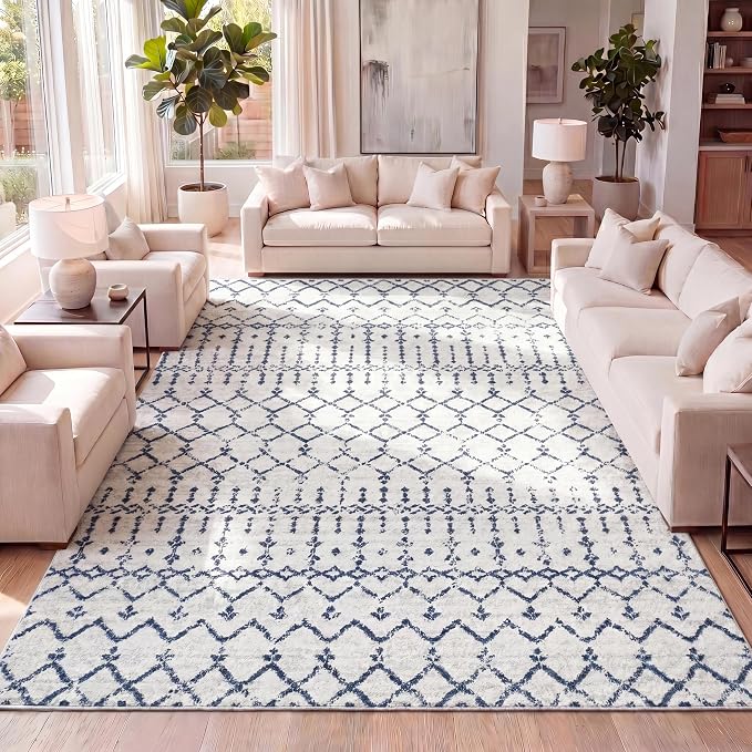 JONATHAN Y Boho Vintage Diamond Cream/Navy Indoor Area Rug 4X6 ft, Moroccan Hype for Living Room, Bedroom, Kitchen, Office, Easy-Cleaning, High Traffic, Pet-Friendly, Non-Shedding (MOH101F-4)