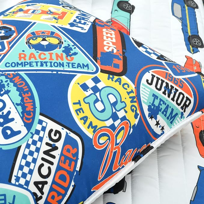 Lush Decor Race Car Kids' 2-Piece Quilt Bed Set, Reversible Bedding Set for Boys, White, Twin
