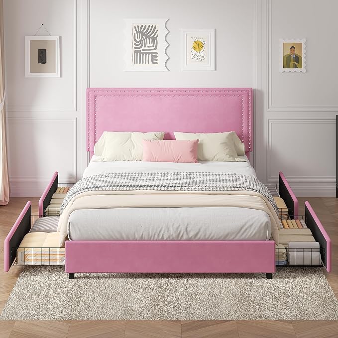 VECELO Full Size Upholstered Bed Frame with 4 Storage Drawers, Adjustable Velvet Rivet Decor Headboard, Wooden Slats Platform Support, No Box Spring Needed, Easy Assembly,Pink