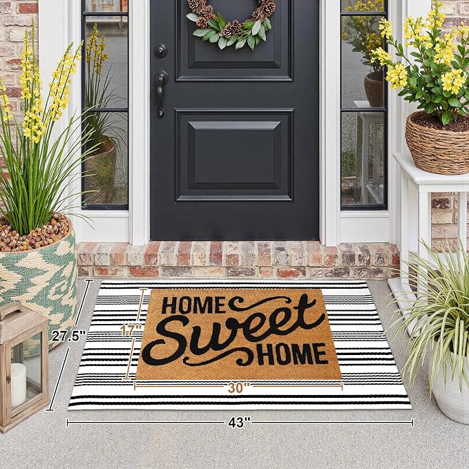 LEEVAN 2.3'X3.6' Black and White Striped Woven Reversible Outdoor Rug | Small Machine Washable Front Porch Rug, Cotton Entryway Door Mat, Indoor Layering Carpet for Farmhouse Bathroom Laundry