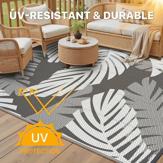 GENIMO Outdoor Rug, Waterproof Plastic Rugs for Patio, 6'x9' Grey White | Outside Larger Leaf Carpet Mat for Porch Decor, Deck, Balcony, Camping, RV, Backyard, Picnic, Beach, Reversible, Foldable