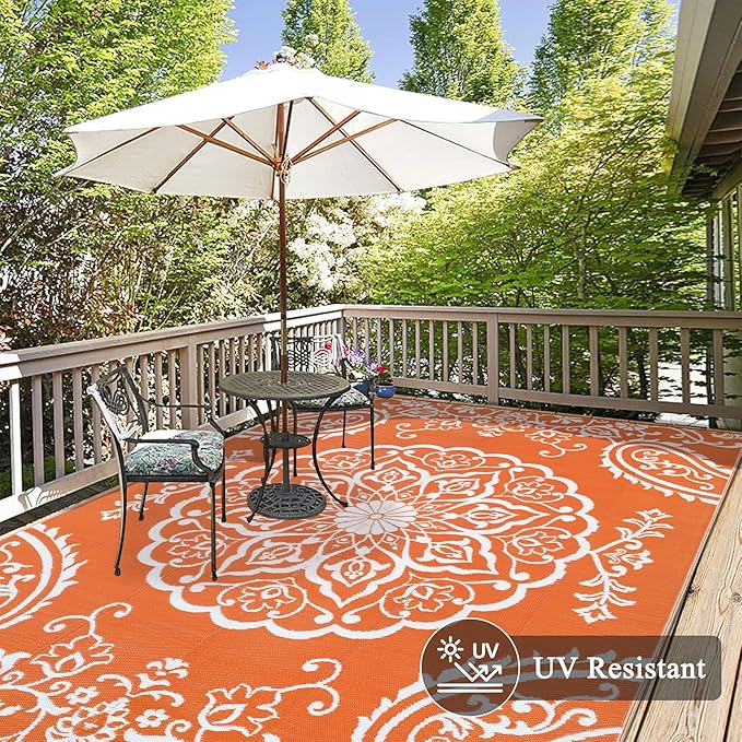 Pauwer Outdoor Rug 6x9, Waterproof Plastic Straw Camping Rug, Boho Orange | Reversible Patio Rug, UV Resistant Indoor Outdoor RV Mat Carpet For Deck, Camper, Porch, Balcony, Backyard, Picnic, Foldable