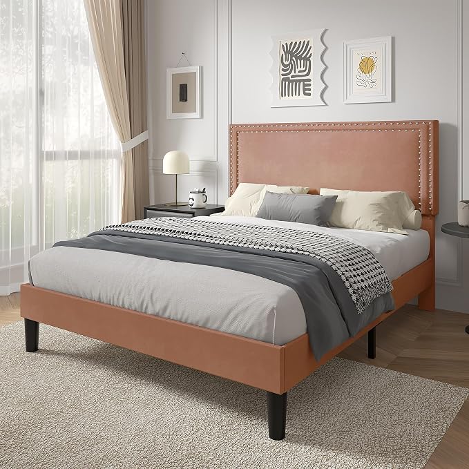 VECELO Full Size Platform Bed Frame with Height Adjustable Upholstered Headboard, Modern Mattress Foundation,Strong Wood Slat Support, No Box Spring Needed, Easy Assembly,Brown