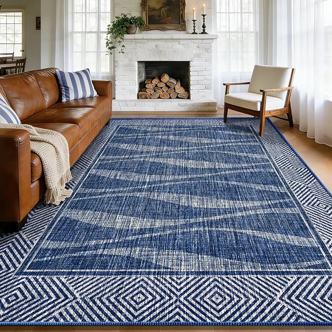 Jute Rug 8x10 Outdoor Patio Rug with Border, Washable Rugs Farmhouse Non Slip Living Room Rugs with Rubber Backing Indoor Outdoor, Non Shedding Carpet for Bedroom, Courtyard, Blue