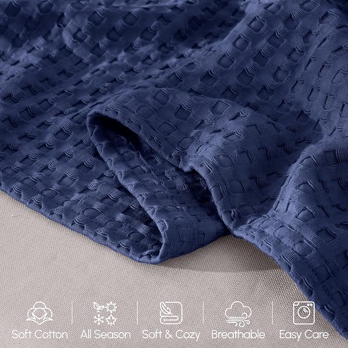 Elegant Comfort Premium 100% Cotton Waffle Blanket - Lightweight Breathable Waffle Weave Bed Blanket - Soft and Warm All Season Blanket for Couch, Sofa and Bed, King Size 90x108 Inches, Navy Blue