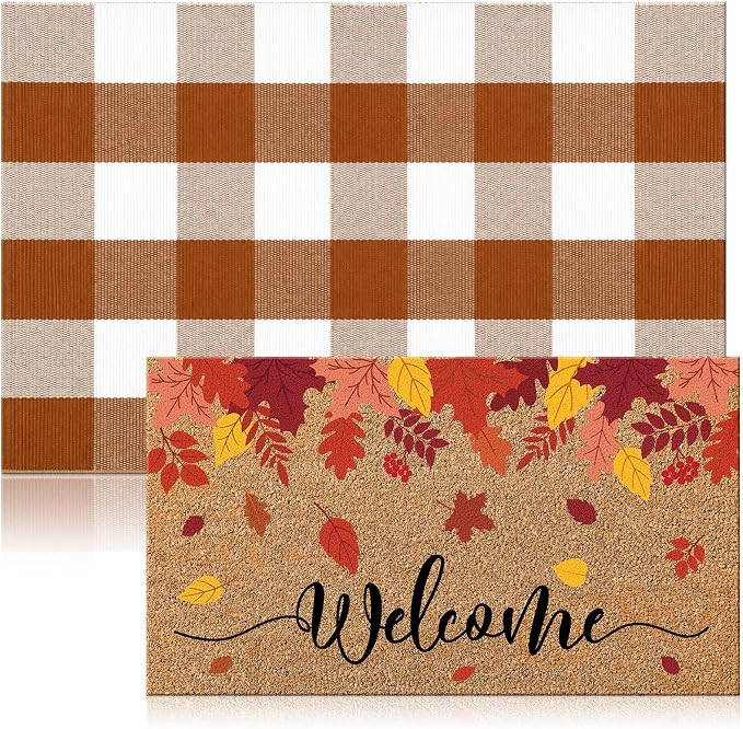 Moucuny 2 Pcs Fall Coir Doormat Outdoor, Maple Leaves Welcome Welcome Doormat 16 x 47, Layered Brown Plaid Rug 24 x 35, Non-Slip Backing, Fall Autumn Porch Entryway Patio Outdoor Decor