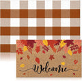 Moucuny 2 Pcs Fall Coir Doormat Outdoor, Maple Leaves Welcome Welcome Doormat 16 x 47, Layered Brown Plaid Rug 24 x 35, Non-Slip Backing, Fall Autumn Porch Entryway Patio Outdoor Decor