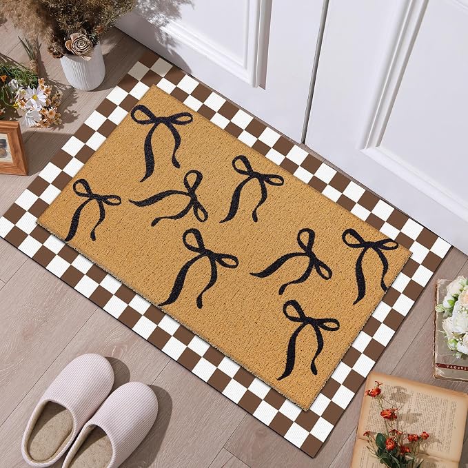 Tinideya 2 Pcs Coquette Boho Bows Custom Door Mat Welcome Non Slip Coir Mats Floor Layering Doormats Seasonal for Front Porch Entryway Decor(Boho Bows)