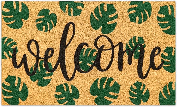JarThenaAMCS Tropical Coir Doormat Summer Hawaiian Welcome Floor Mat Green Natural Palm Leaf Non-Slip Entrance Door Rugs for Indoor Outdoor Home Bathroom Decor, 16.5 x 29 Inch