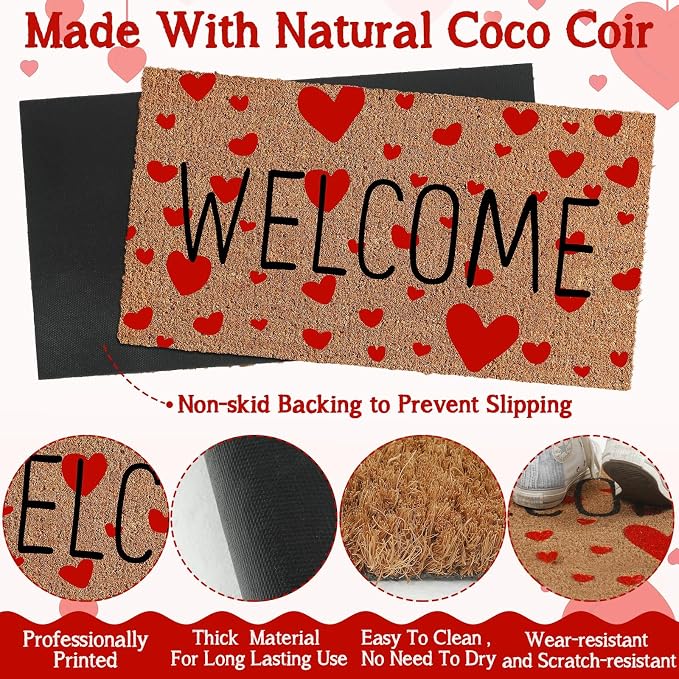 Ceenna Valentine's Day Doormat Outdoor Valentine's Coir Doormat with Non-Slip Backing Red Heart Love Valentines Day Outdoor Mat Front Porch Rugs for Home Entrance, 16 x 28 Inches