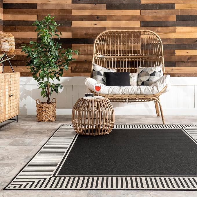 Nuloom Asha Black/Ivory, 4' x 6', Casual, Striped Border, Soft and Cozy, High Traffic, Stain Resistant, Easy Clean, Durable Area Rug for Indoor/Outdoor Patio, Deck, Porch, Garden, Courtyard