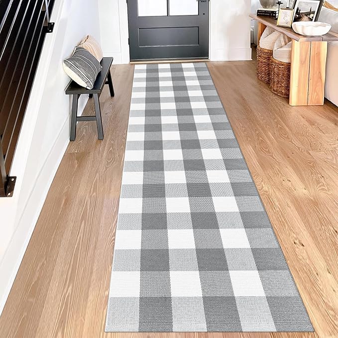 Buffalo Plaid Runner Rug 2x8 Feet Grey and White Checkered Rug Farmhouse Hallway Runners Cotton Woven Washable Carpet for Entryway Kitchen Laundry Bedroom Living Room