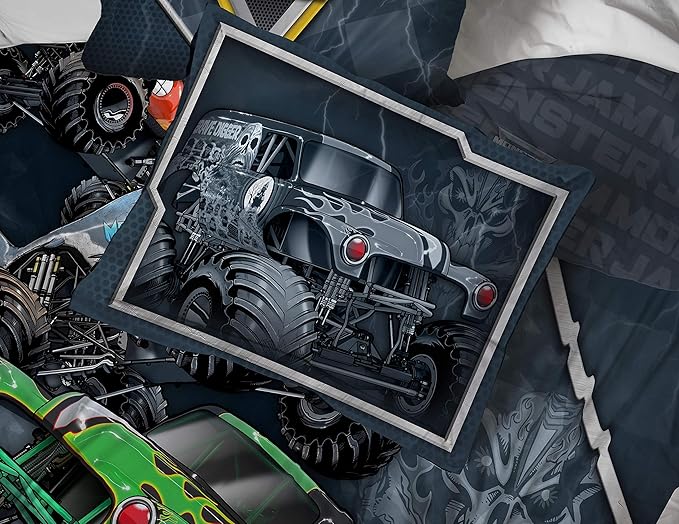 Monster Jam Trucks Full Size Size Comforter Set 7 Piece Kids Bedding, Multi | Grave Digger Megalodon, Bed in a Bag, Comforter Sheets Shams Pillowcases, Soft Microfiber, Machine Washable, Boys Gift