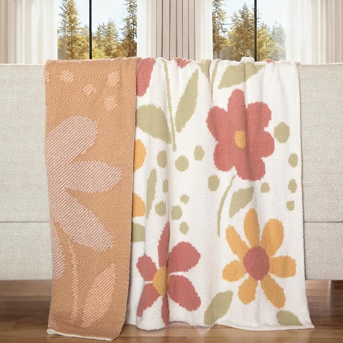 Carstens, Inc. Luxury Soft Stretchy Reversible Plush Throw Blanket, Large 50" x 60", Petal Power